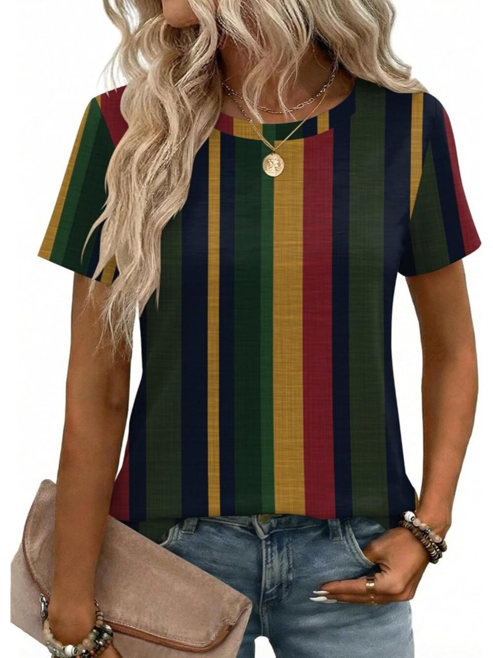 Women's Multi Striped Short Sleeve Crew Neck Casual Basic Imported Tee Shirts